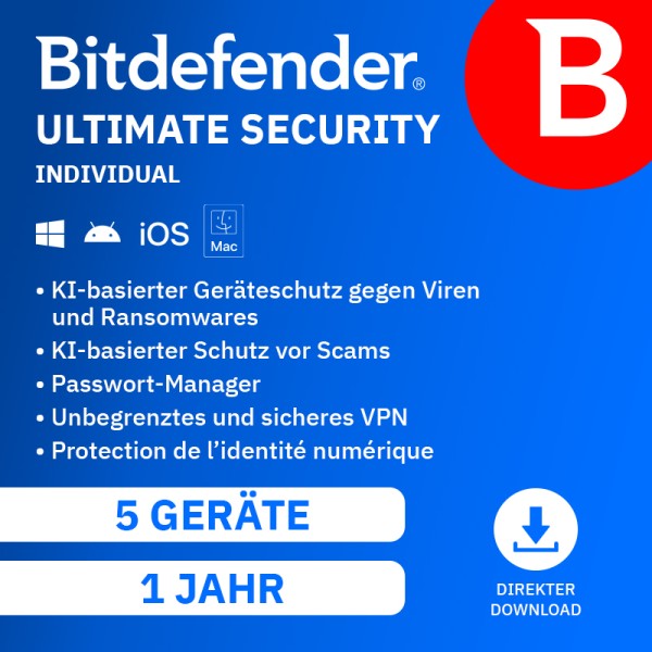 Bitdefender Ultimate Security Individual 2027 | 5 Geräte - 1 Jahr
