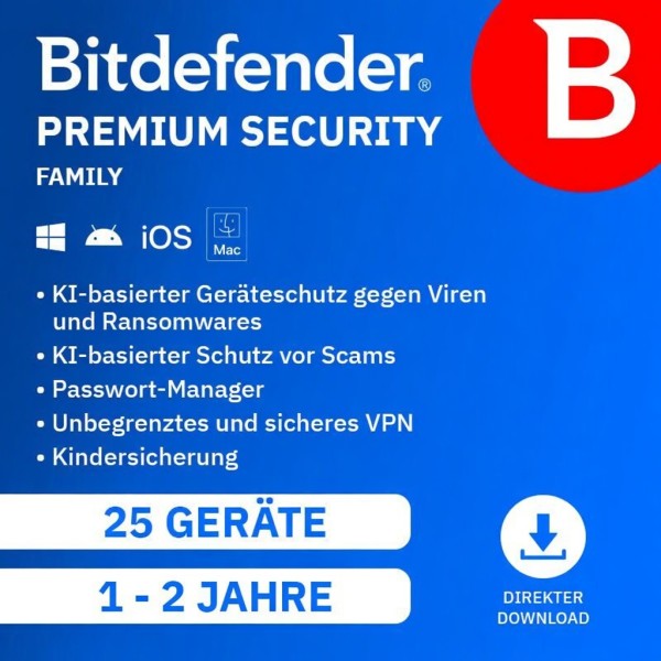 Bitdefender Premium Security Family 2027 | 25 Geräte - 1 Jahr